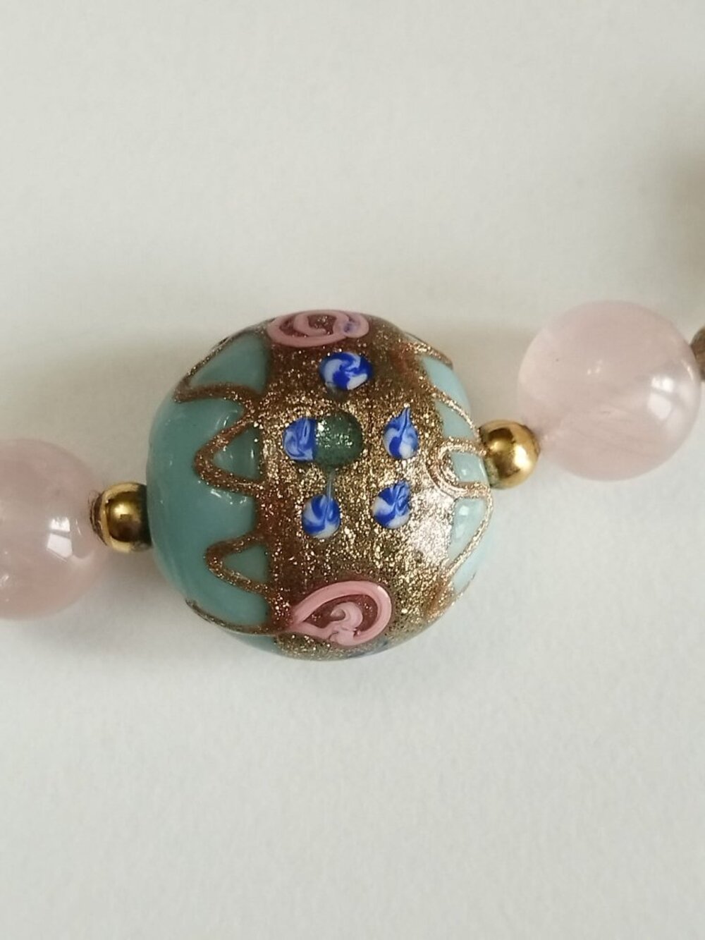 Vintage Murano Venetian Aqua Glass Gold Foil Bead Necklace Rose Quartz Beads - Picture 9 of 15